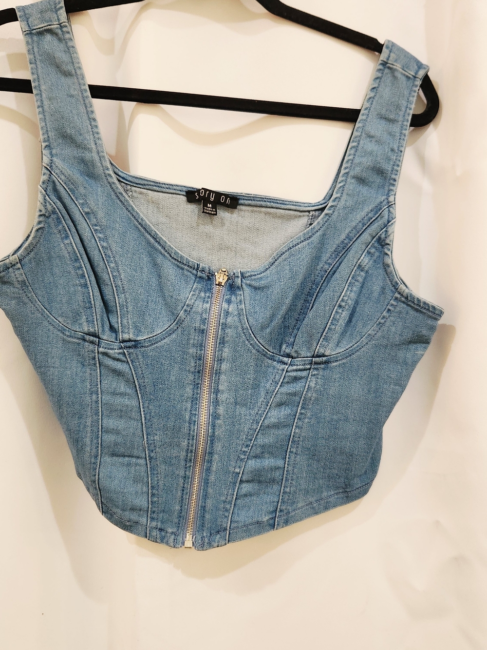 Light Blue Denim Zip-Front Crop Top